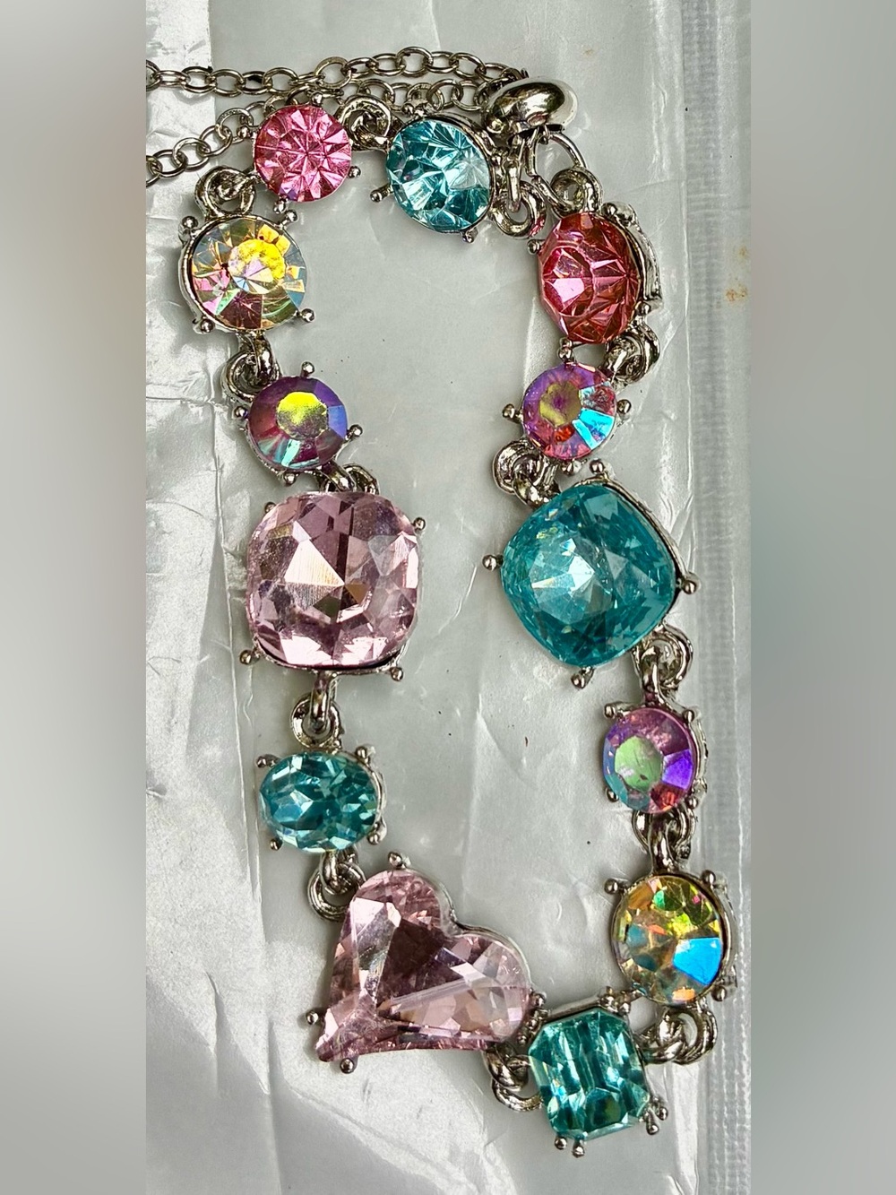 Pink Heart & Aqua Crystal Link Bracelet - Women's Fashion Jewelry